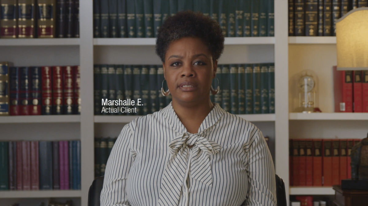 A woman in a striped blouse sits in front of bookshelves filled with books. Text on the image reads: "Marshalle E. Actual Client.