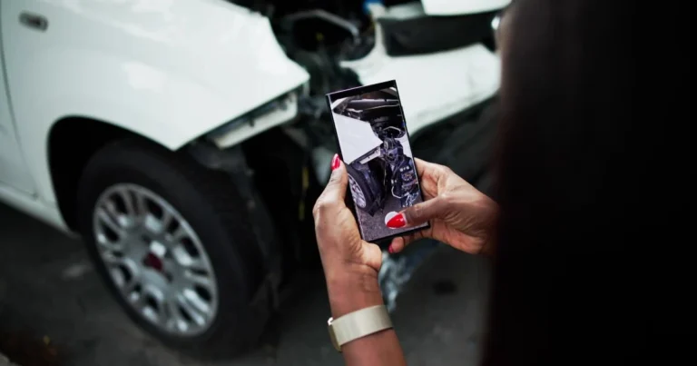 Person taking a photo of the damaged front part of a white car with their smartphone.