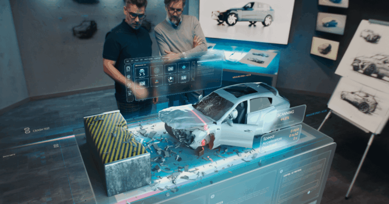 Two men analyze a holographic 3D model of a damaged car, surrounded by digital data and car design sketches in a modern office setting.