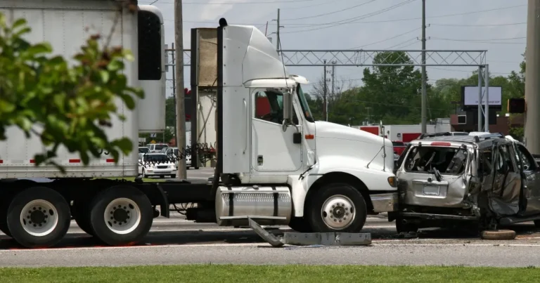 A semi-truck and a heavily damaged minivan are stopped in the road after a collision, with debris scattered around the scene.