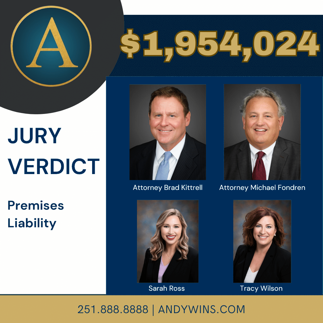 Jury verdict graphic showing $1,954,024 award for premises liability, with photos of attorneys Brad Kittrell, Michael Fondren, Sarah Ross, and Tracy Wilson, plus contact info.