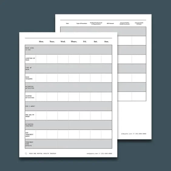 Two blank weekly schedule forms overlap on a dark surface, each with labeled rows for meals, sleep, tasks, social activities, and treatment goals, divided into columns for each day.